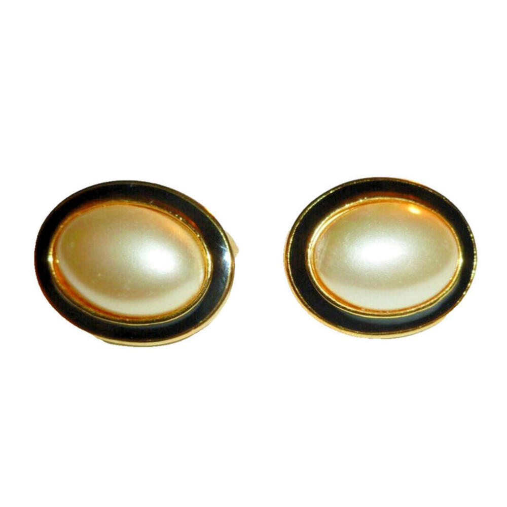 Vintage‎ Carolee Gold Tone Faux Pearl Clip On Earrings w/ Black Enamel